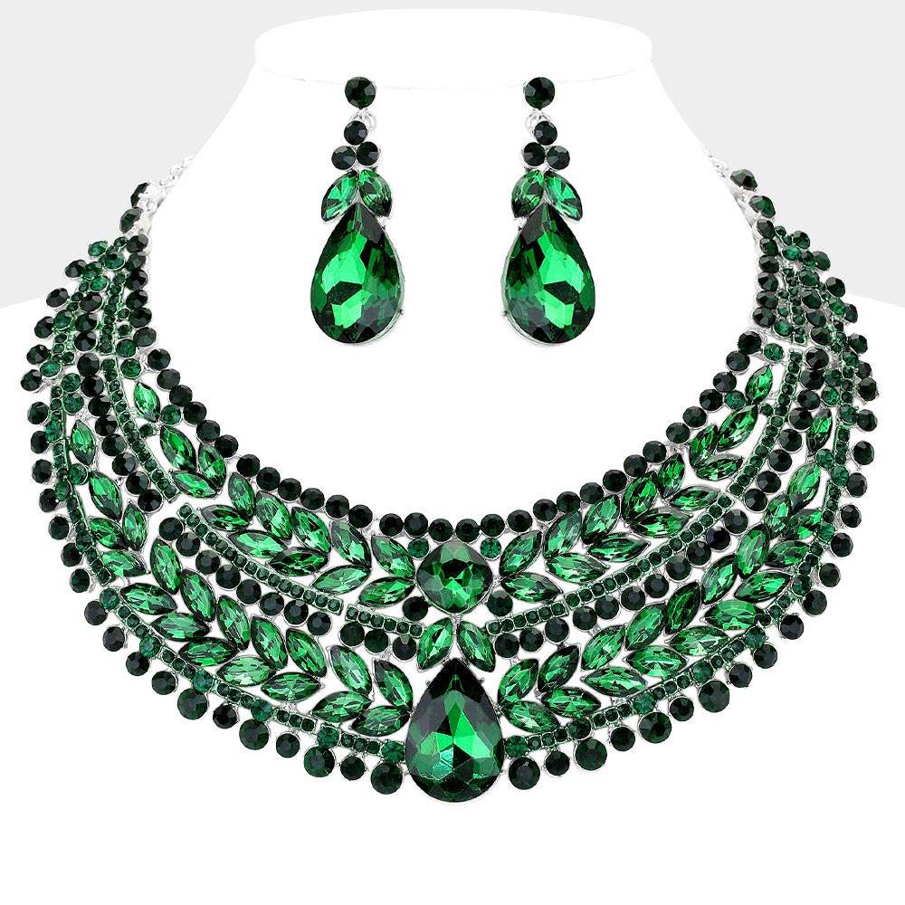 Teardrop Stone Accented Marquise Round Stone Embellished Chunky Collar Evening Necklace - Madeline Love - Flyclothing LLC