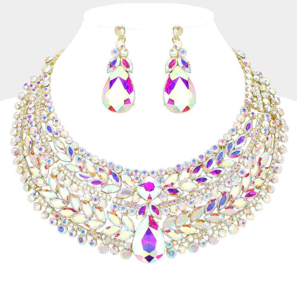 Teardrop Stone Accented Marquise Round Stone Embellished Chunky Collar Evening Necklace - Madeline Love - Flyclothing LLC