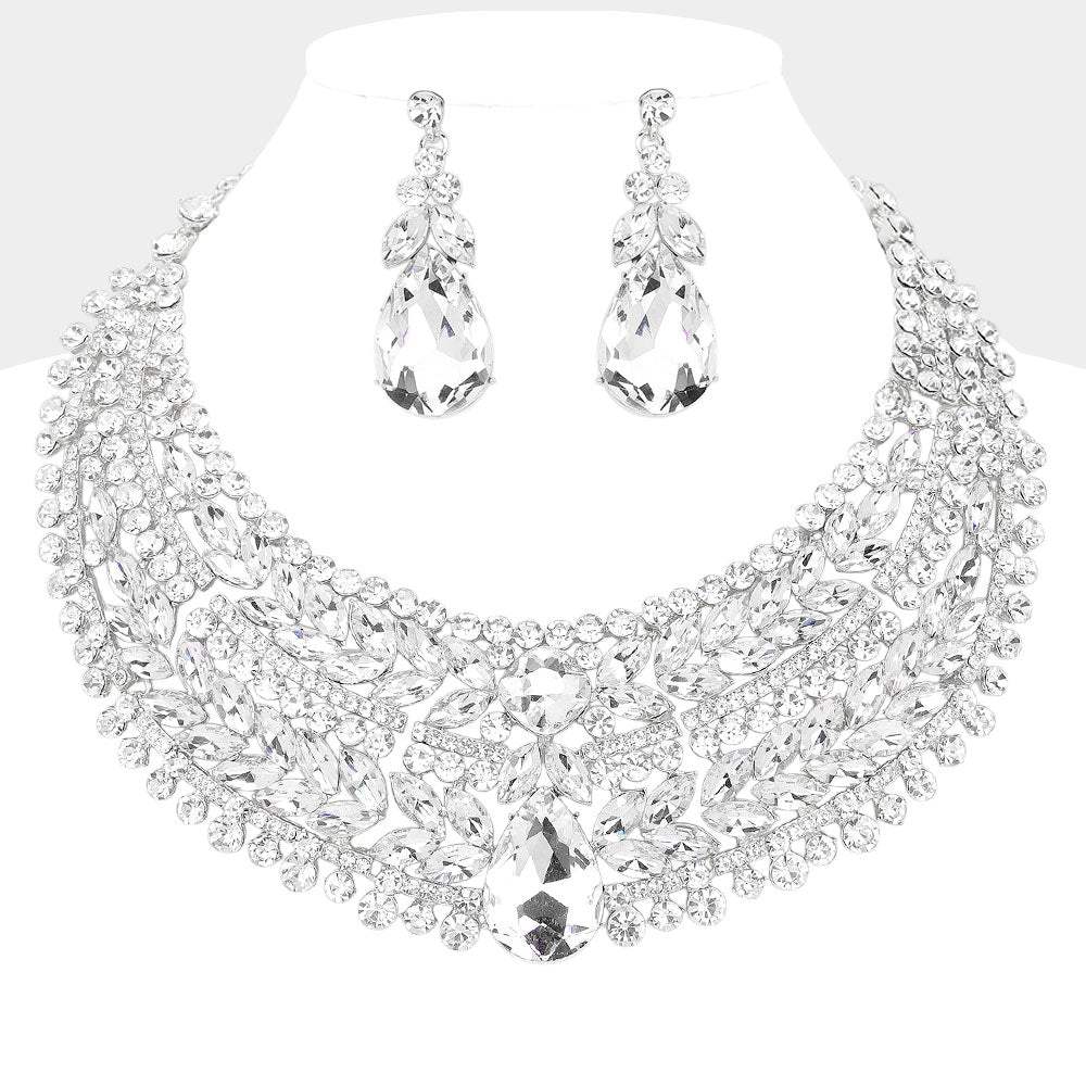 Teardrop Stone Accented Marquise Round Stone Embellished Chunky Collar Evening Necklace - Madeline Love - Flyclothing LLC