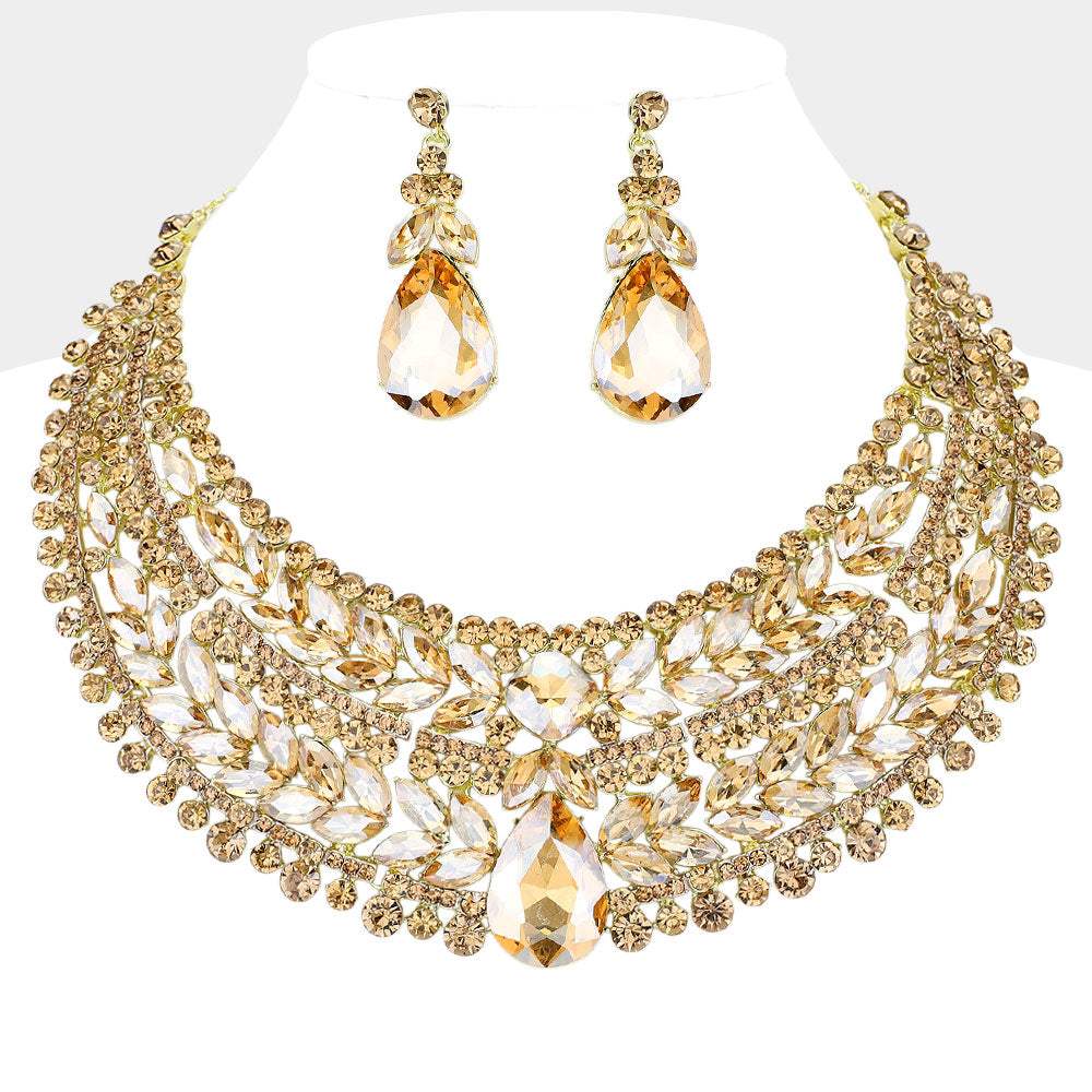Teardrop Stone Accented Marquise Round Stone Embellished Chunky Collar Evening Necklace - Madeline Love - Flyclothing LLC