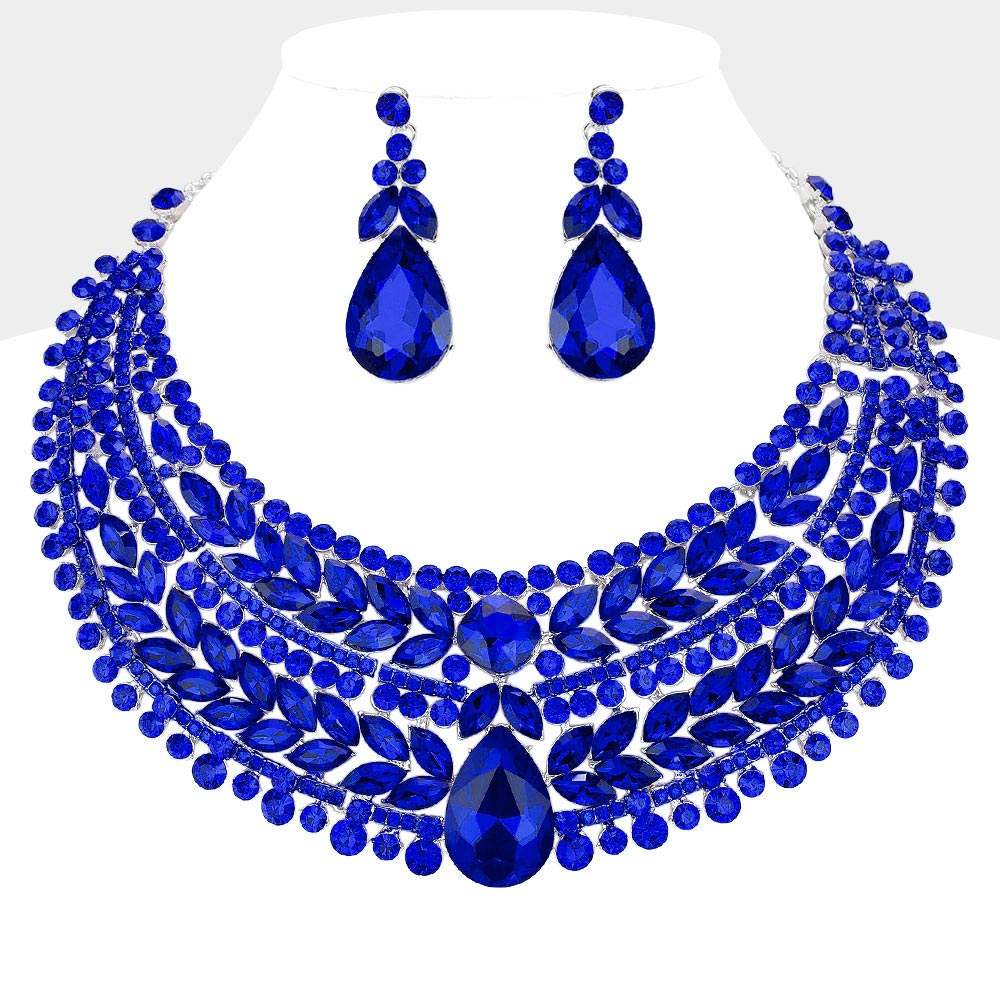 Teardrop Stone Accented Marquise Round Stone Embellished Chunky Collar Evening Necklace - Madeline Love - Flyclothing LLC