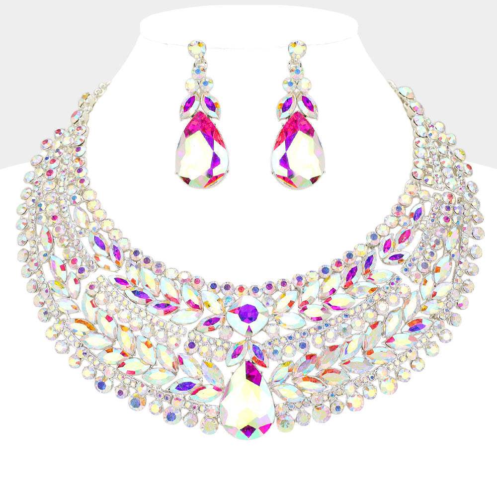 Teardrop Stone Accented Marquise Round Stone Embellished Chunky Collar Evening Necklace - Madeline Love - Flyclothing LLC