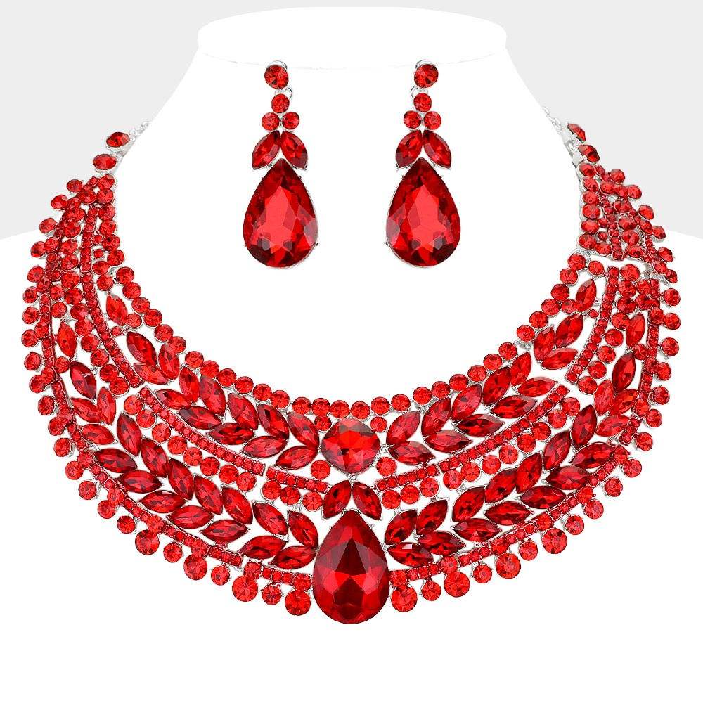 Teardrop Stone Accented Marquise Round Stone Embellished Chunky Collar Evening Necklace - Madeline Love - Flyclothing LLC