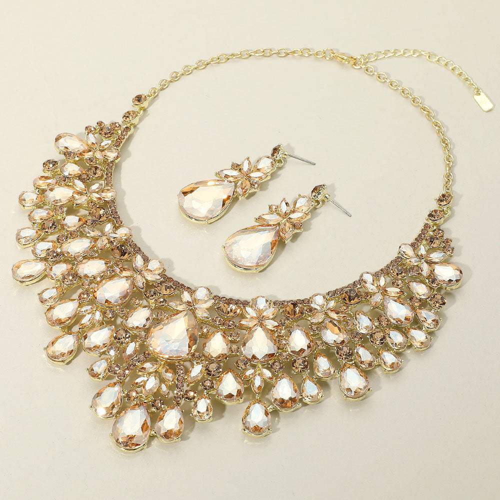 Teardrop Stone Cluster Embellished Statement Evening Necklace - Madeline Love - Flyclothing LLC