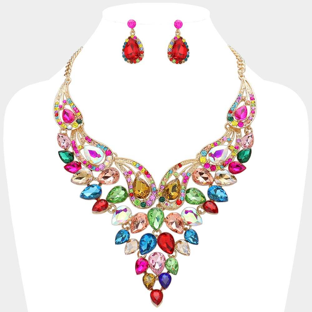 Teardrop Stone Cluster Evening Bib Necklace - Madeline Love - Flyclothing LLC