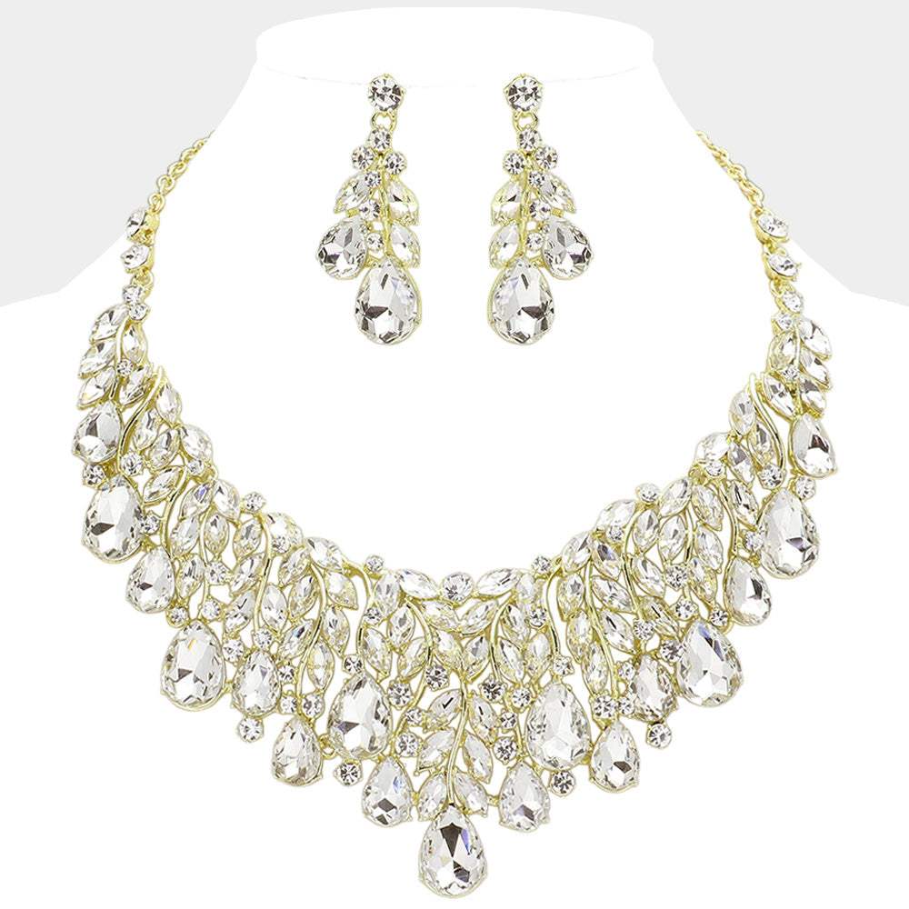 Teardrop Stone Cluster Marquise Vine Embellished Evening Necklace - Madeline Love - Flyclothing LLC