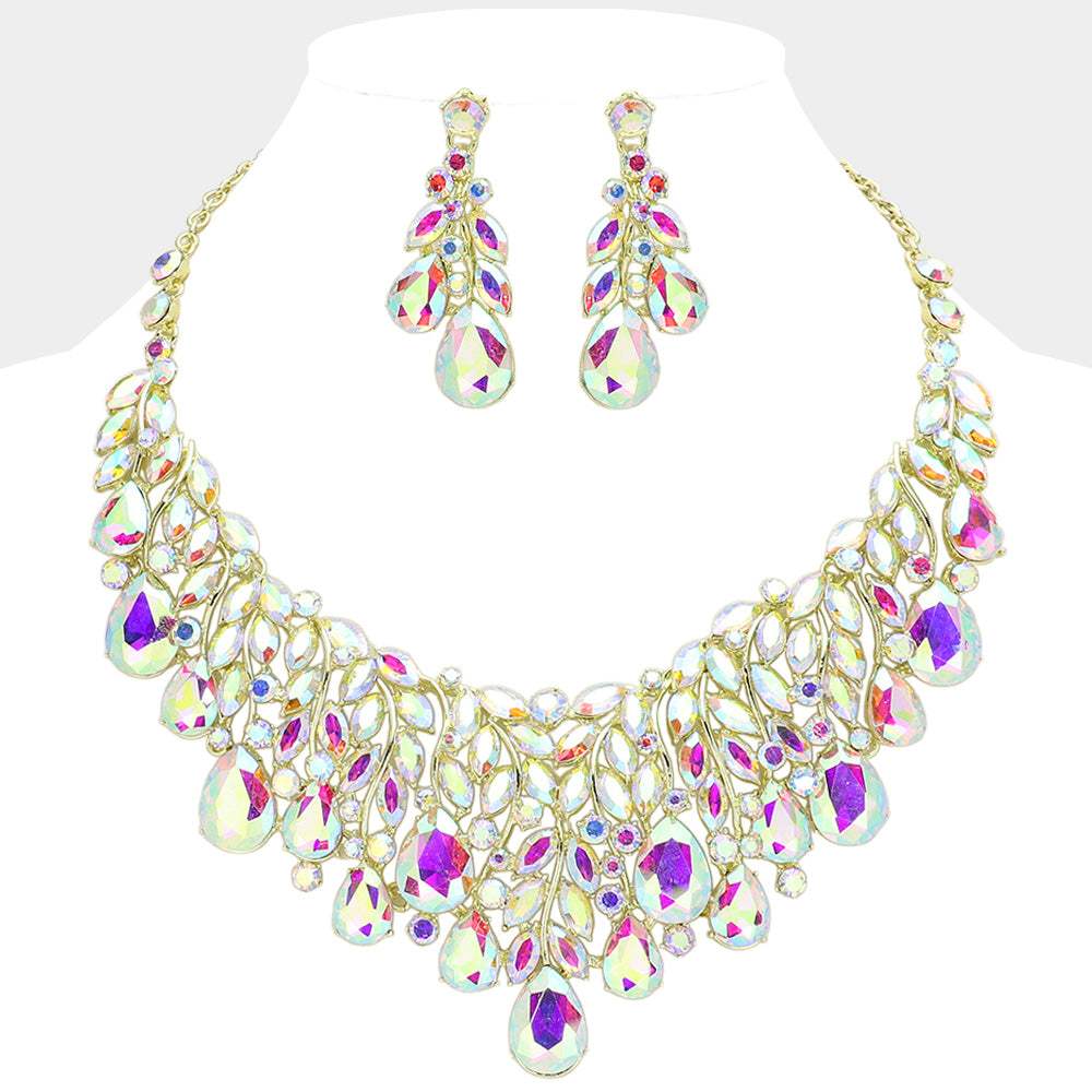 Teardrop Stone Cluster Marquise Vine Embellished Evening Necklace - Madeline Love - Flyclothing LLC