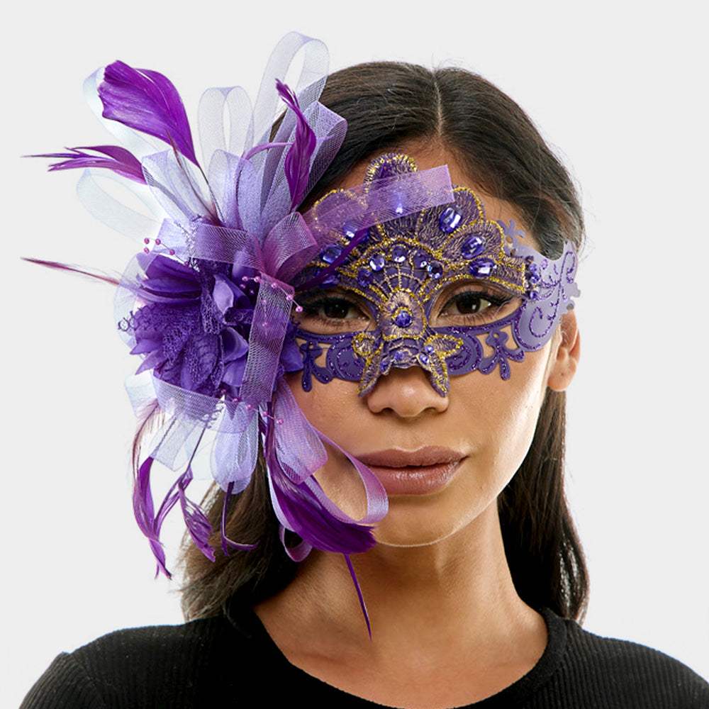 Teardrop Stone Embellished Flower Feather Fairy Lace Masquerade Mask - Madeline Love - Flyclothing LLC