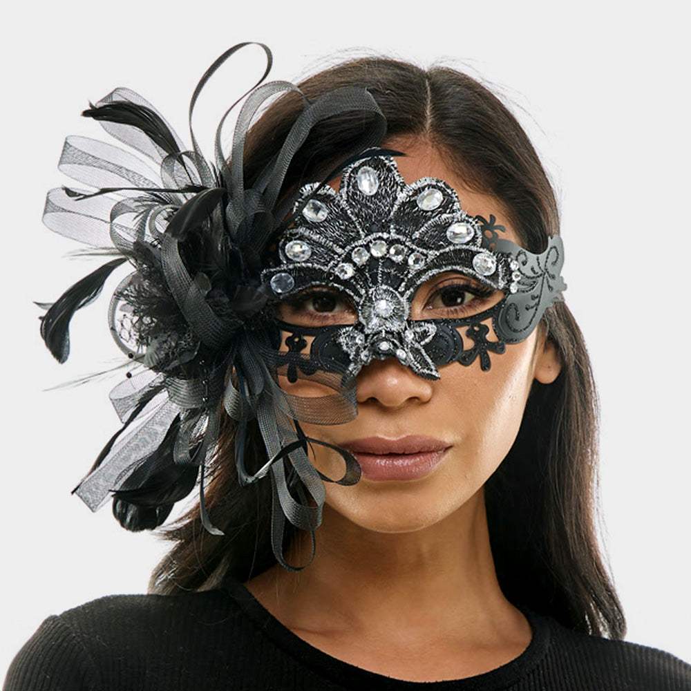 Teardrop Stone Embellished Flower Feather Fairy Lace Masquerade Mask - Madeline Love - Flyclothing LLC
