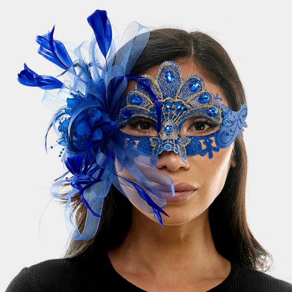 Teardrop Stone Embellished Flower Feather Fairy Lace Masquerade Mask - Madeline Love - Flyclothing LLC