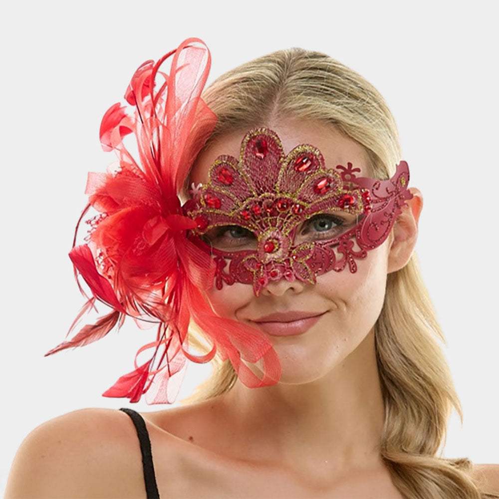 Teardrop Stone Embellished Flower Feather Fairy Lace Masquerade Mask - Madeline Love - Flyclothing LLC