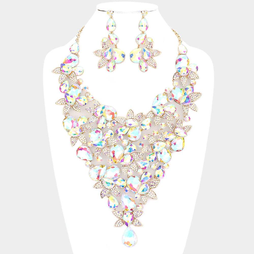 Teardrop Stone Leaf Cluster Vine Statement Evening Necklace - Madeline Love - Flyclothing LLC
