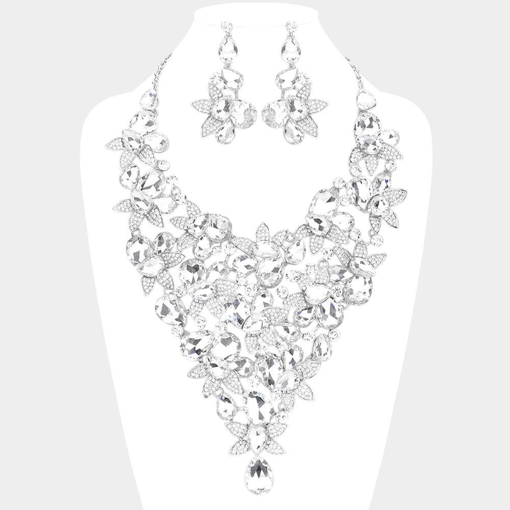 Teardrop Stone Leaf Cluster Vine Statement Evening Necklace - Madeline Love - Flyclothing LLC