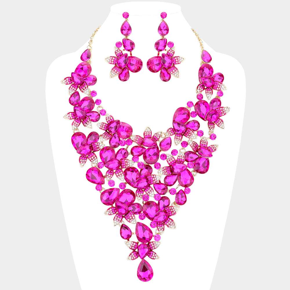 Teardrop Stone Leaf Cluster Vine Statement Evening Necklace - Madeline Love - Flyclothing LLC