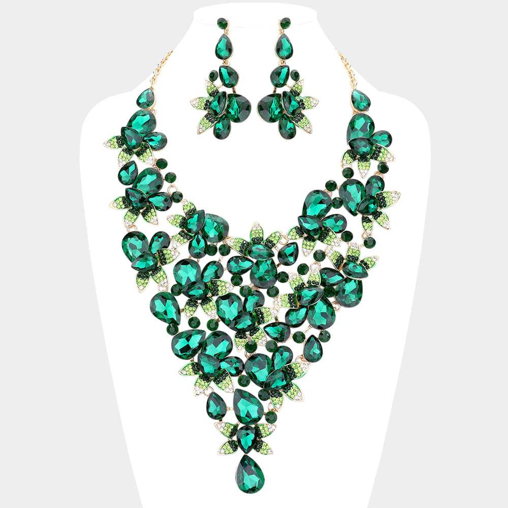 Teardrop Stone Leaf Cluster Vine Statement Evening Necklace - Madeline Love - Flyclothing LLC