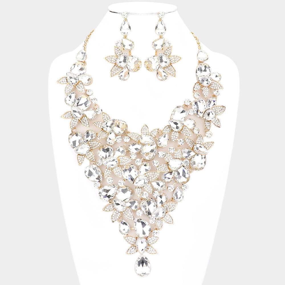 Teardrop Stone Leaf Cluster Vine Statement Evening Necklace - Madeline Love - Flyclothing LLC