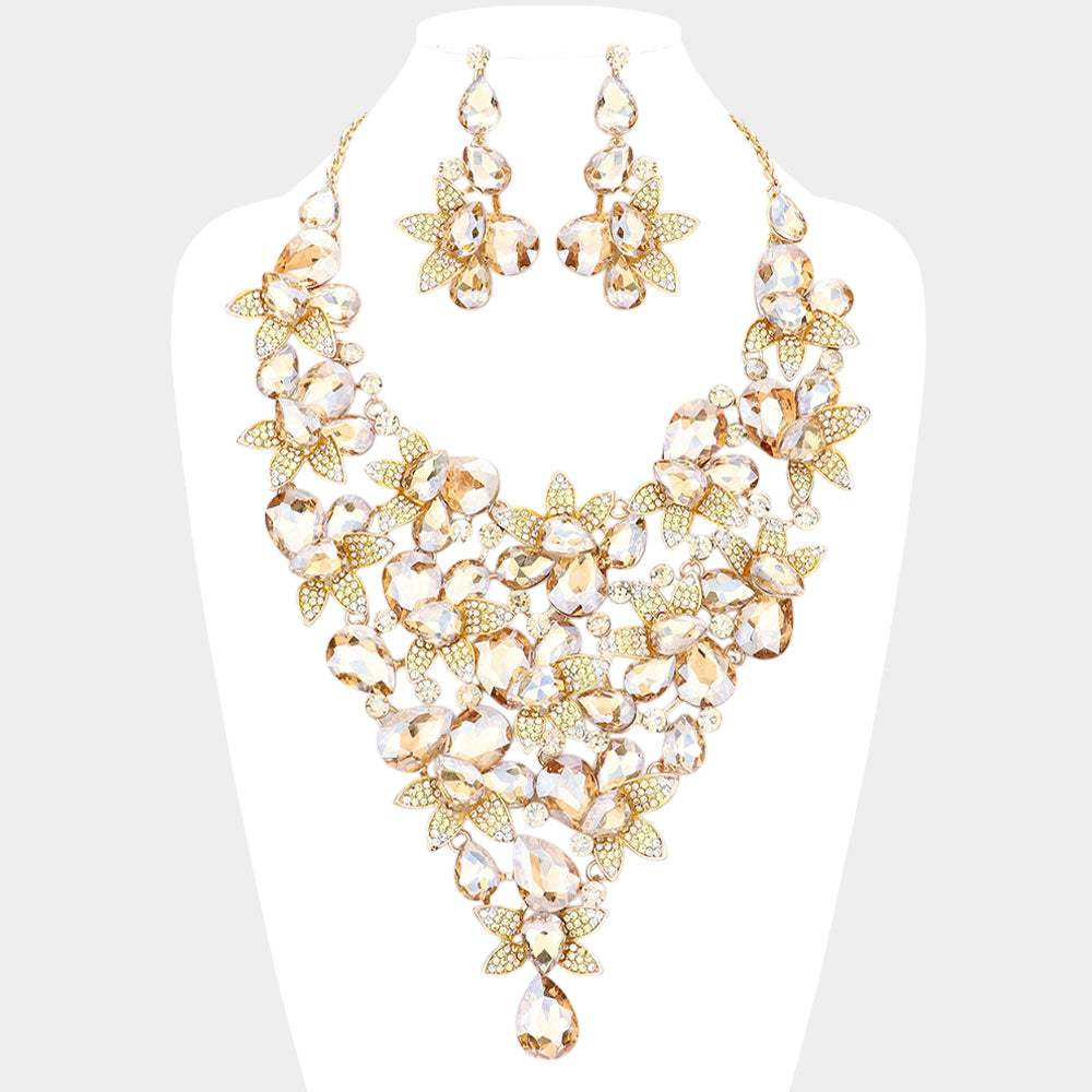 Teardrop Stone Leaf Cluster Vine Statement Evening Necklace - Madeline Love - Flyclothing LLC