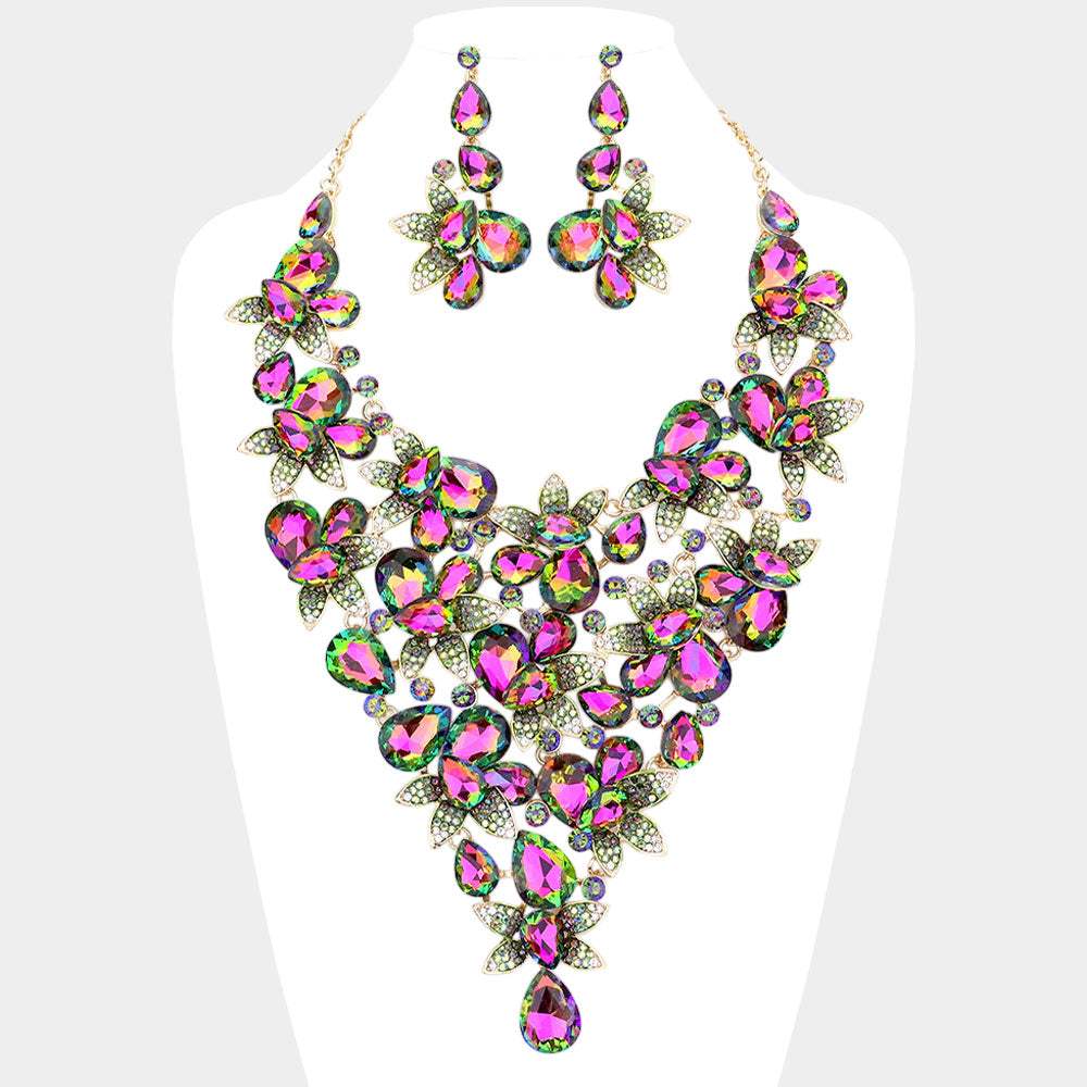 Teardrop Stone Leaf Cluster Vine Statement Evening Necklace - Madeline Love - Flyclothing LLC