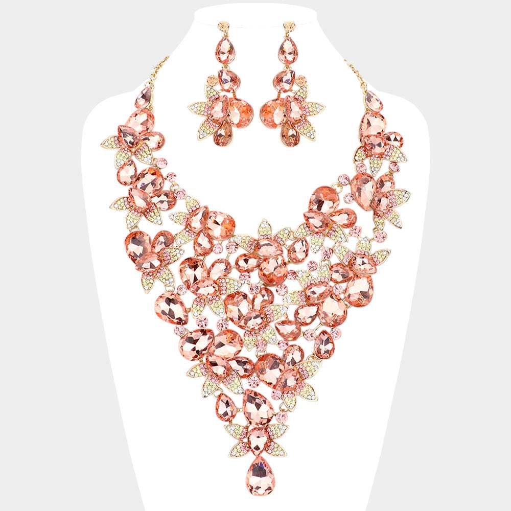 Teardrop Stone Leaf Cluster Vine Statement Evening Necklace - Madeline Love - Flyclothing LLC