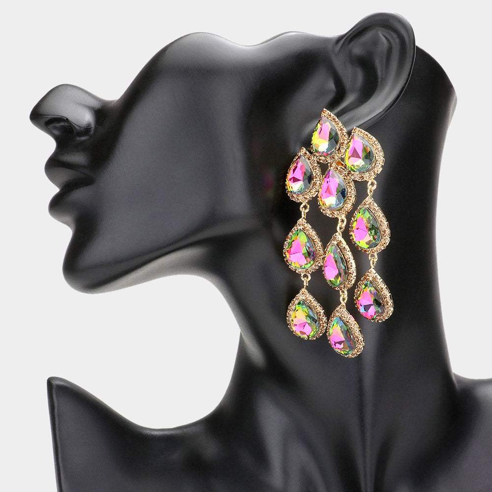 Teardrop Stone Link Dangle Clip on Evening Earrings - Madeline Love - Flyclothing LLC