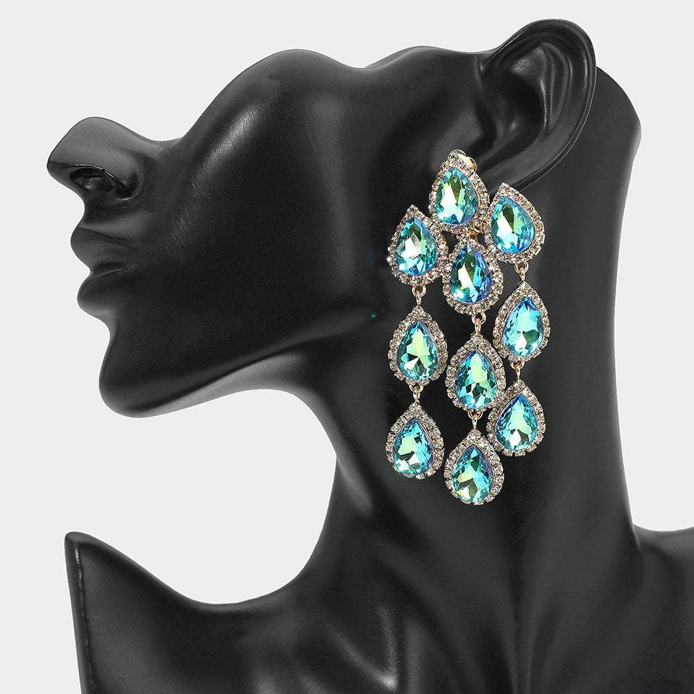 Teardrop Stone Link Dangle Clip on Evening Earrings - Madeline Love - Flyclothing LLC