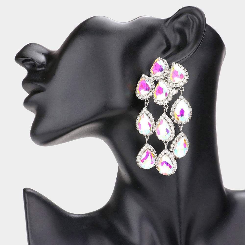 Teardrop Stone Link Dangle Clip on Evening Earrings - Madeline Love - Flyclothing LLC