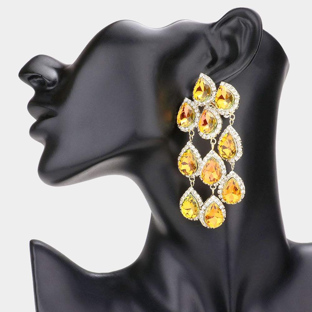 Teardrop Stone Link Dangle Clip on Evening Earrings - Madeline Love - Flyclothing LLC