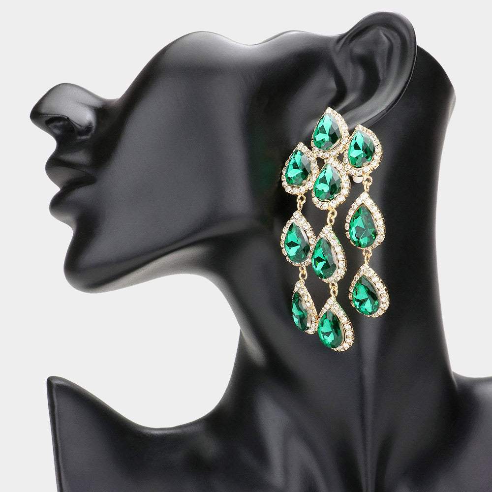 Teardrop Stone Link Dangle Clip on Evening Earrings - Madeline Love - Flyclothing LLC