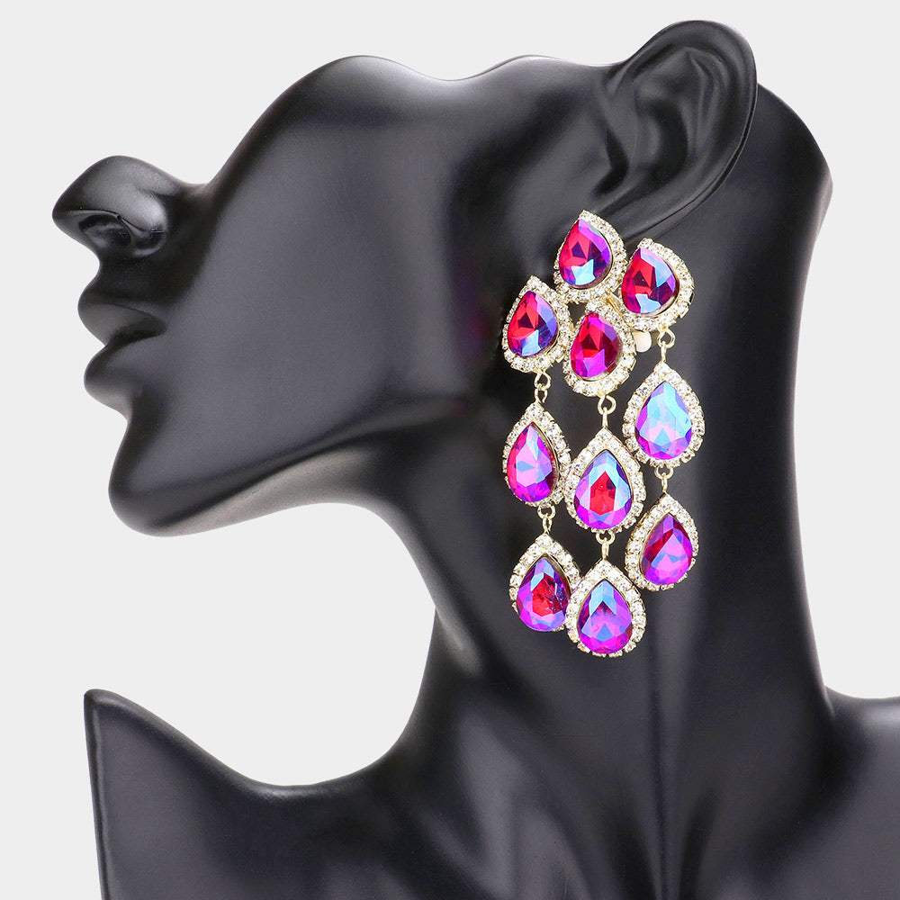 Teardrop Stone Link Dangle Clip on Evening Earrings - Madeline Love - Flyclothing LLC