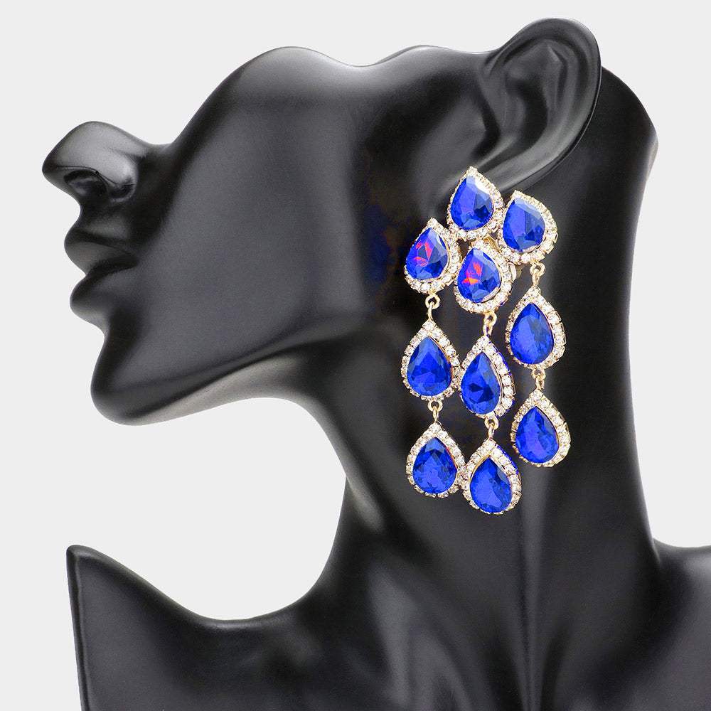 Teardrop Stone Link Dangle Clip on Evening Earrings - Madeline Love - Flyclothing LLC