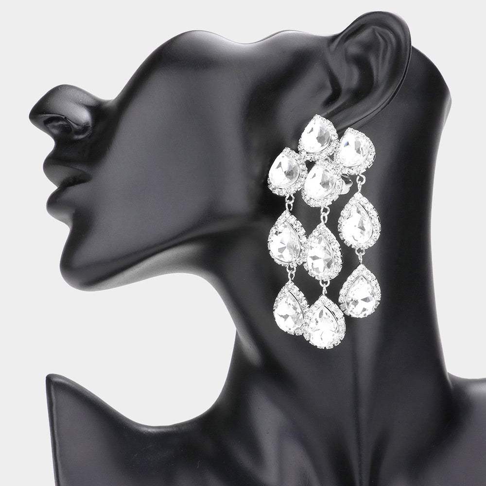 Teardrop Stone Link Dangle Clip on Evening Earrings - Madeline Love - Flyclothing LLC