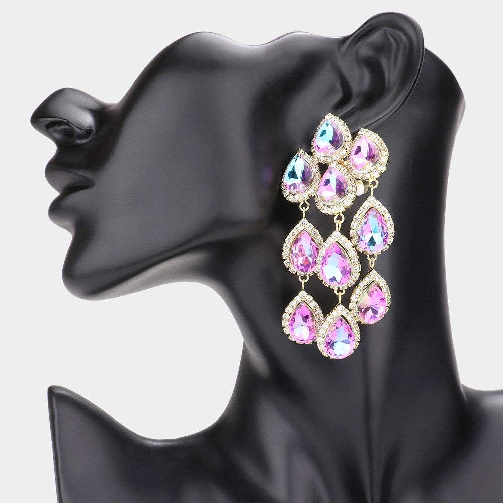 Teardrop Stone Link Dangle Clip on Evening Earrings - Madeline Love - Flyclothing LLC