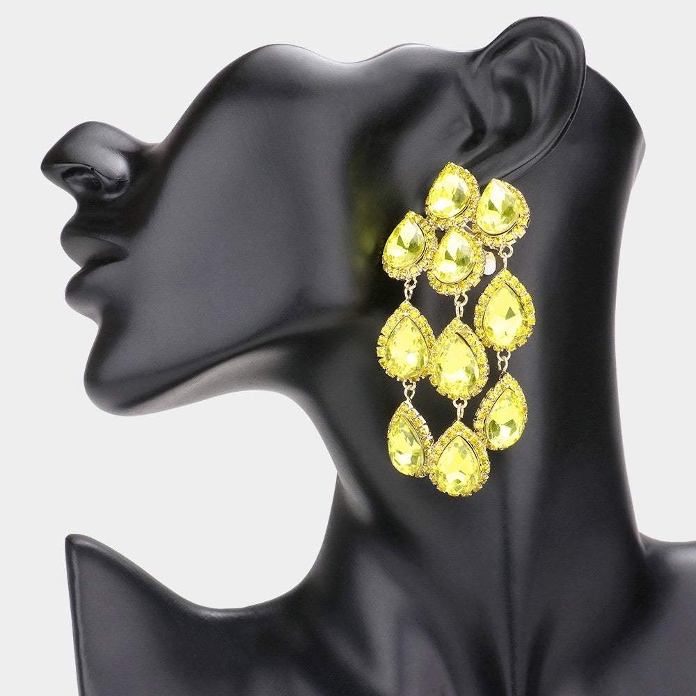 Teardrop Stone Link Dangle Clip on Evening Earrings - Madeline Love - Flyclothing LLC