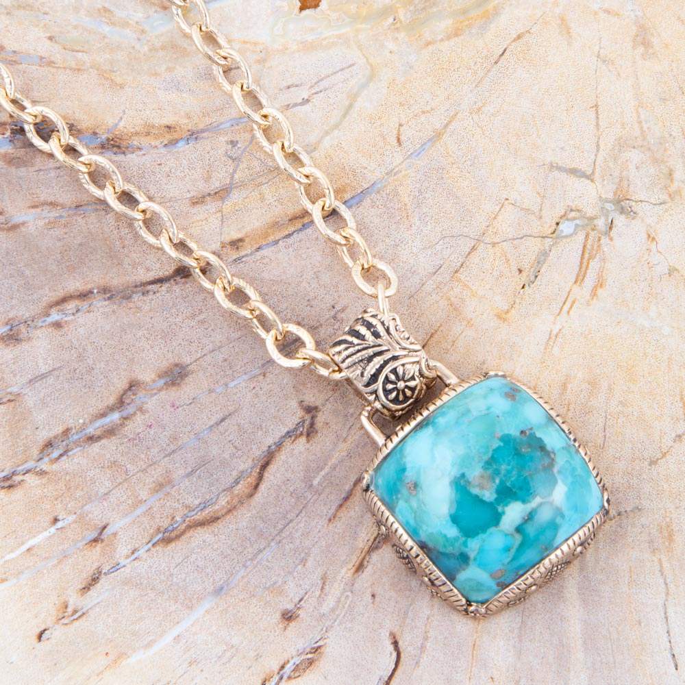 Carved Blue Turquoise Stone Golden Pendant Necklace - Barse Jewelry - Flyclothing LLC