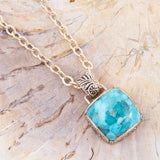 Carved Blue Turquoise Stone Golden Pendant Necklace - Barse Jewelry - Flyclothing LLC