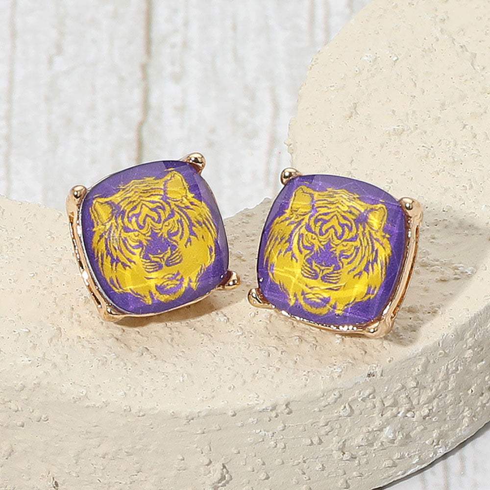 Tiger Face Printed Game Day Cushion Square Stud Earrings - Madeline Love - Flyclothing LLC