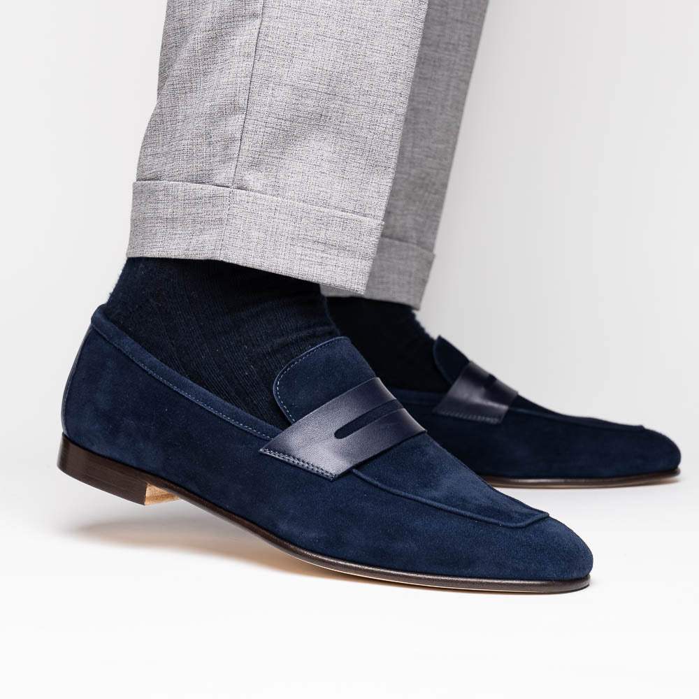 16-672-NVY Tippa Suede & Calfskin Penny Loafers Navy - Zelli Italia - Flyclothing LLC