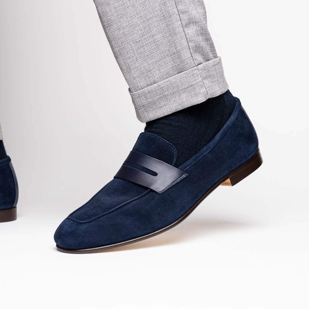 16-672-NVY Tippa Suede & Calfskin Penny Loafers Navy - Zelli Italia - Flyclothing LLC