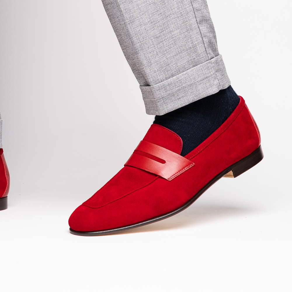16-672-RED Tippa Suede & Calfskin Penny Loafers Red - Zelli Italia - Flyclothing LLC