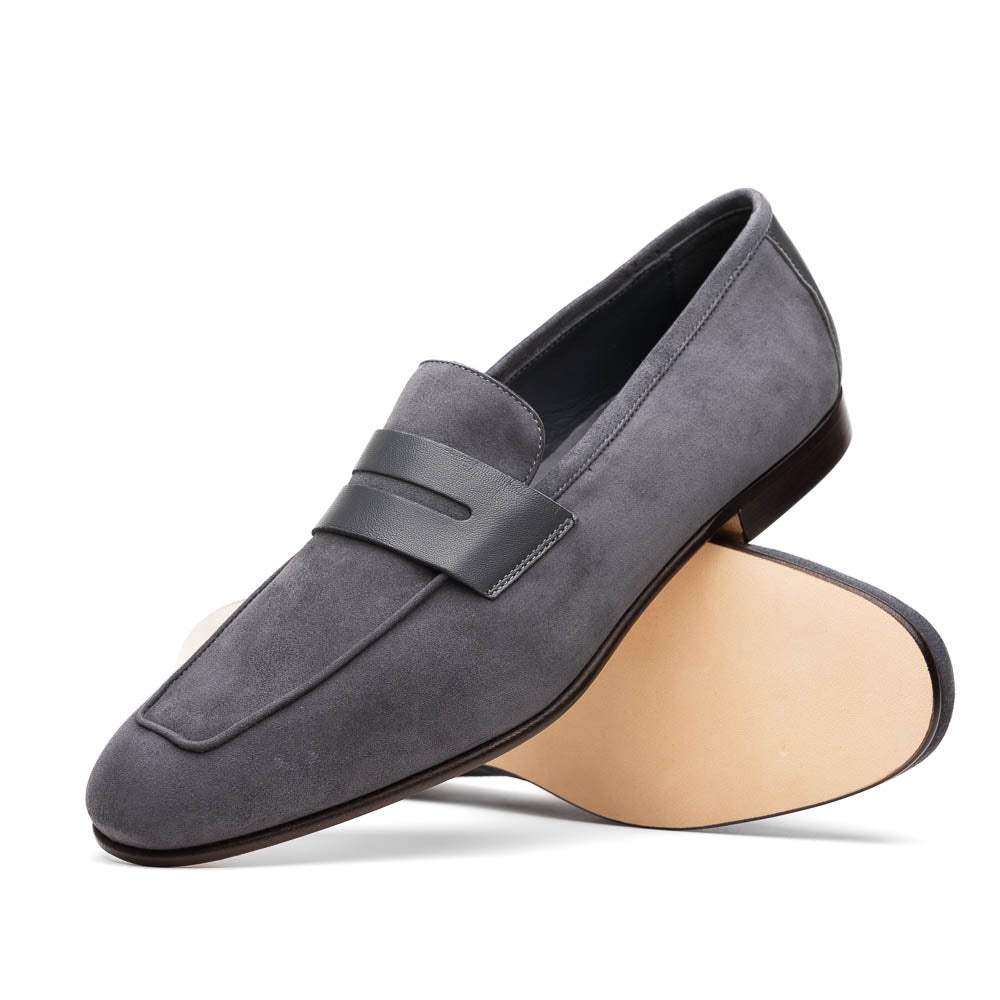 16-672-GRY Tippa Suede & Calfskin Penny Loafers Grey - Zelli Italia - Flyclothing LLC