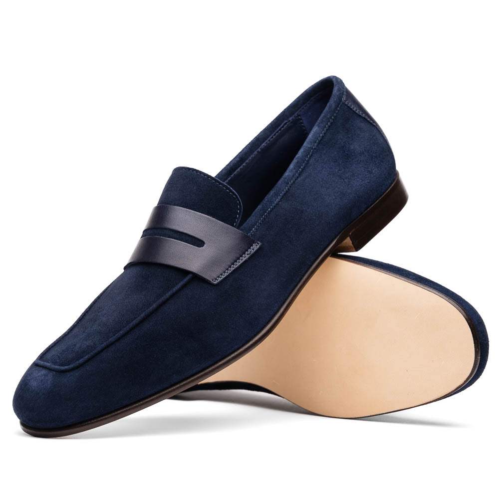 16-672-NVY Tippa Suede & Calfskin Penny Loafers Navy - Zelli Italia - Flyclothing LLC