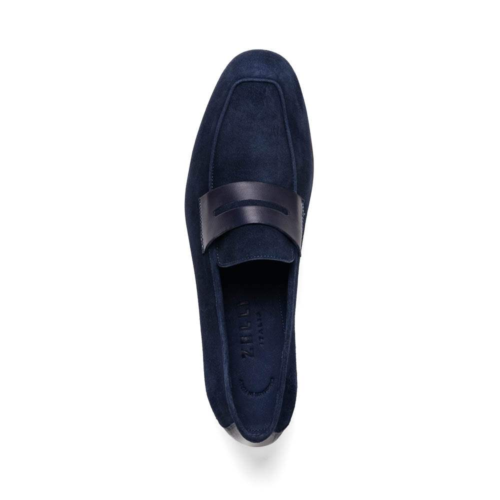 16-672-NVY Tippa Suede & Calfskin Penny Loafers Navy - Zelli Italia - Flyclothing LLC