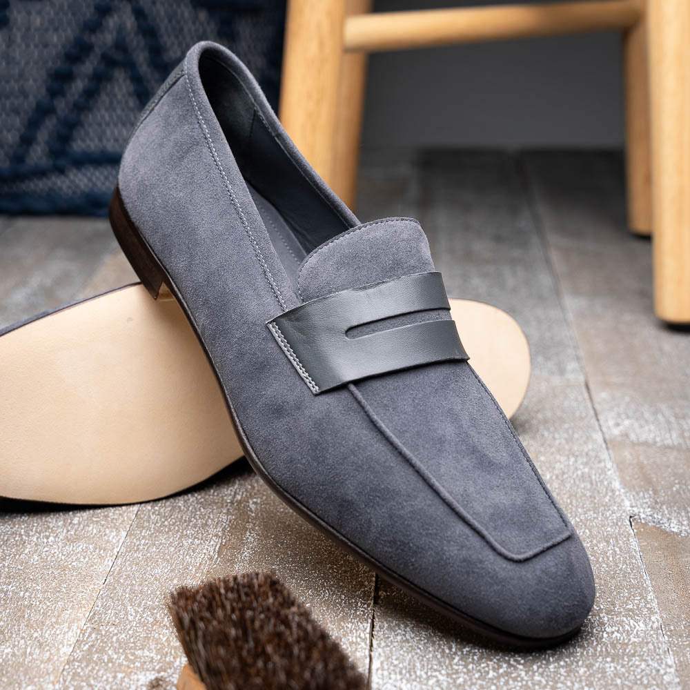 16-672-GRY Tippa Suede & Calfskin Penny Loafers Grey - Zelli Italia - Flyclothing LLC