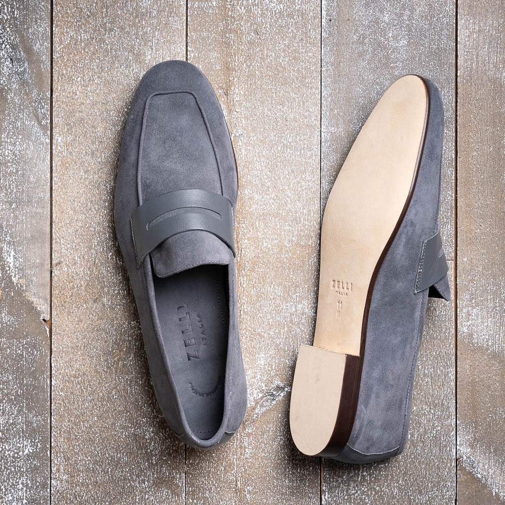 16-672-GRY Tippa Suede & Calfskin Penny Loafers Grey - Zelli Italia - Flyclothing LLC
