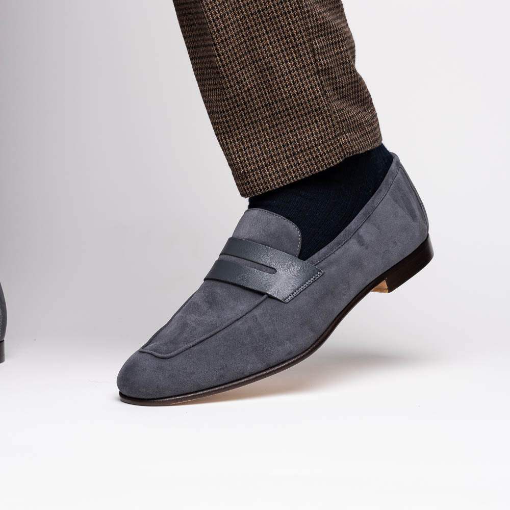 16-672-GRY Tippa Suede & Calfskin Penny Loafers Grey - Zelli Italia - Flyclothing LLC