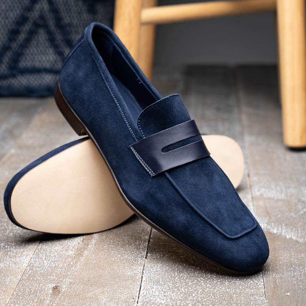 16-672-NVY Tippa Suede & Calfskin Penny Loafers Navy - Zelli Italia - Flyclothing LLC