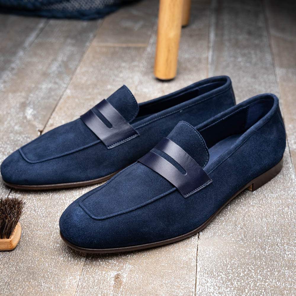 16-672-NVY Tippa Suede & Calfskin Penny Loafers Navy - Zelli Italia - Flyclothing LLC