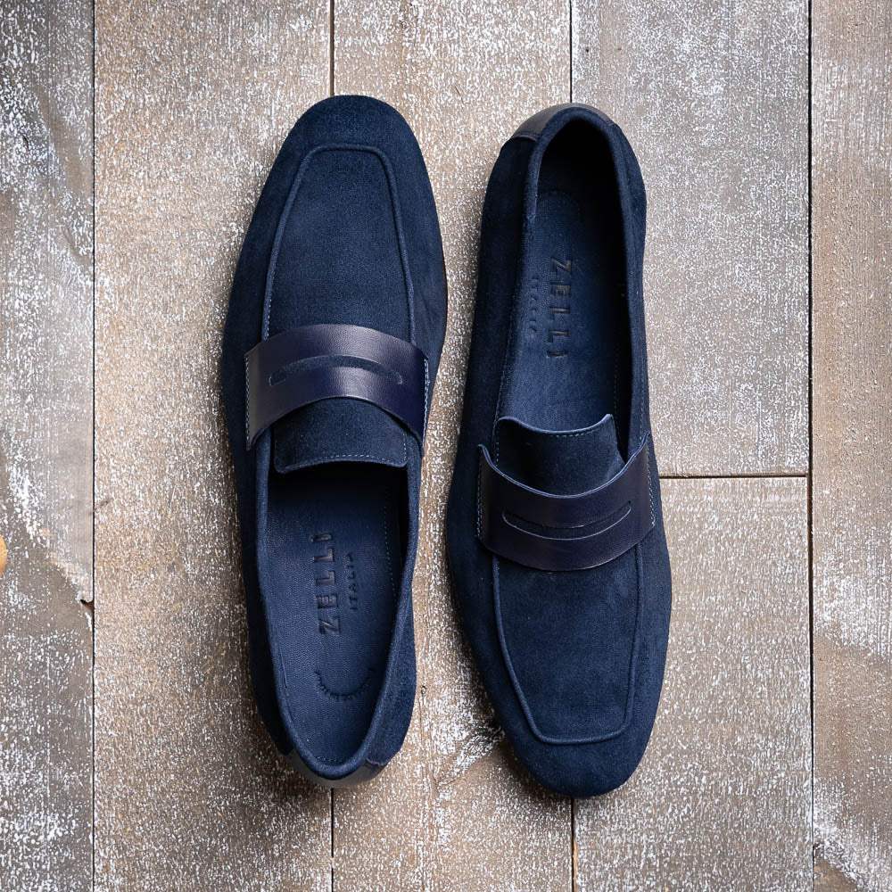 16-672-NVY Tippa Suede & Calfskin Penny Loafers Navy - Zelli Italia - Flyclothing LLC