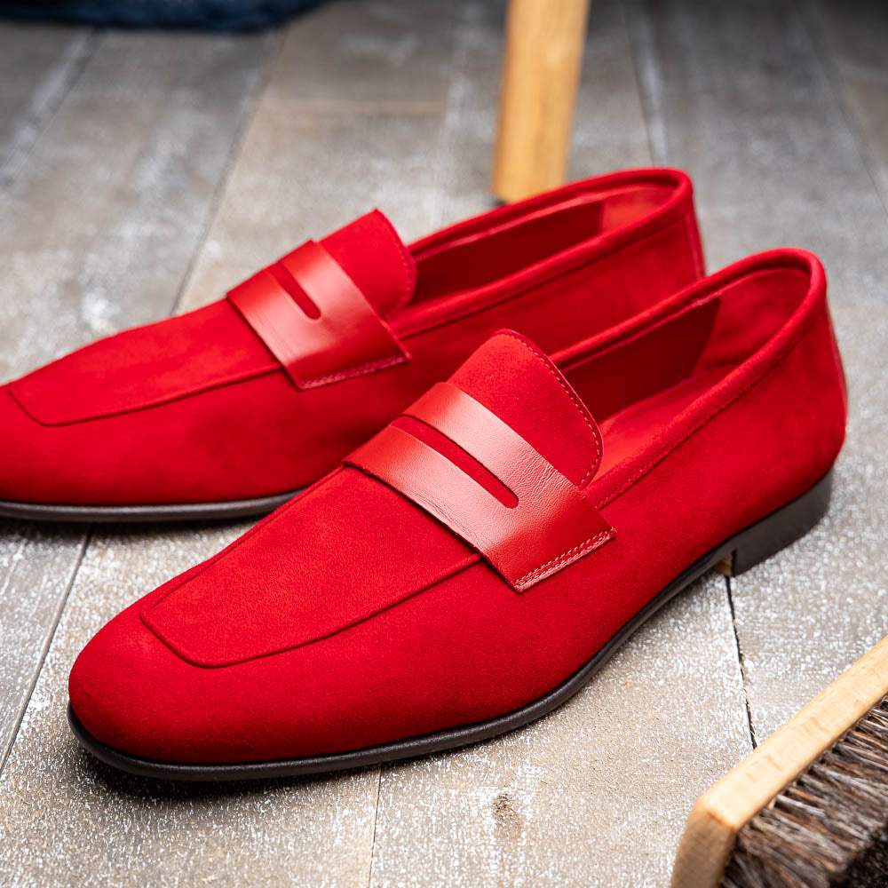 16-672-RED Tippa Suede & Calfskin Penny Loafers Red - Zelli Italia - Flyclothing LLC
