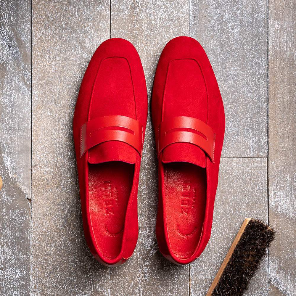 16-672-RED Tippa Suede & Calfskin Penny Loafers Red - Zelli Italia - Flyclothing LLC
